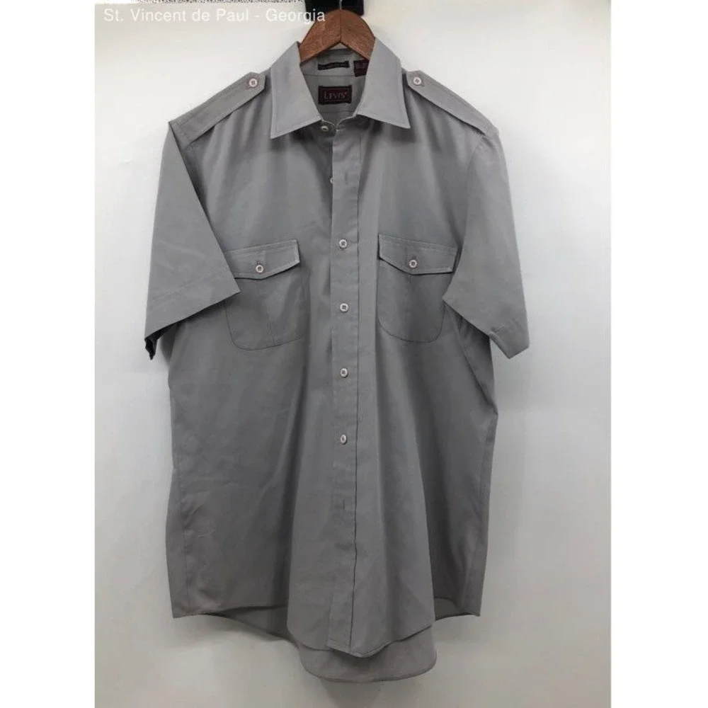 Men's Levi"s Gray Vintage 80s Short Sleeve Button Down Shirt - Size Large - Picture 1 of 9